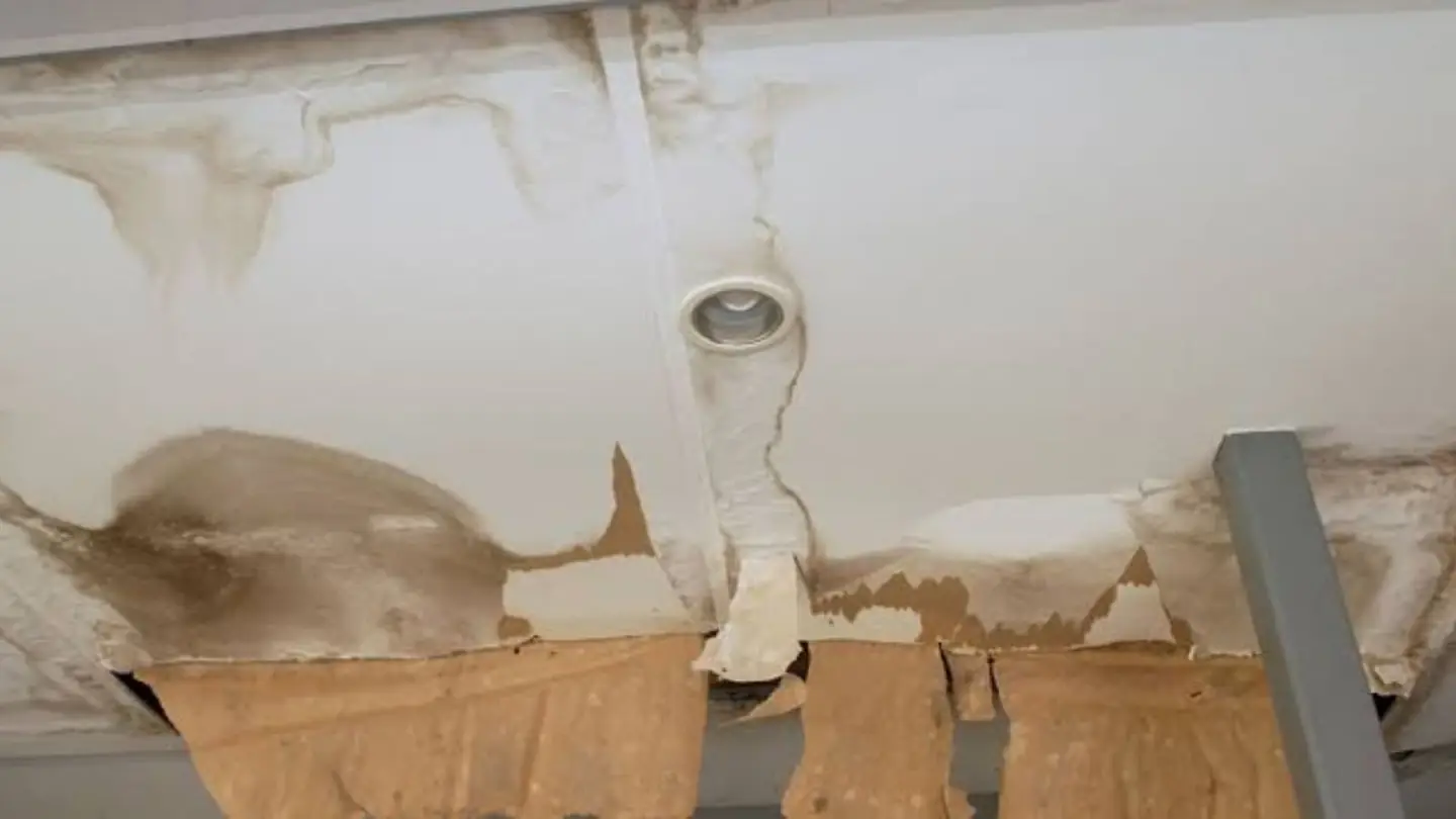 Water-stained ceiling with peeling paint around a light fixture