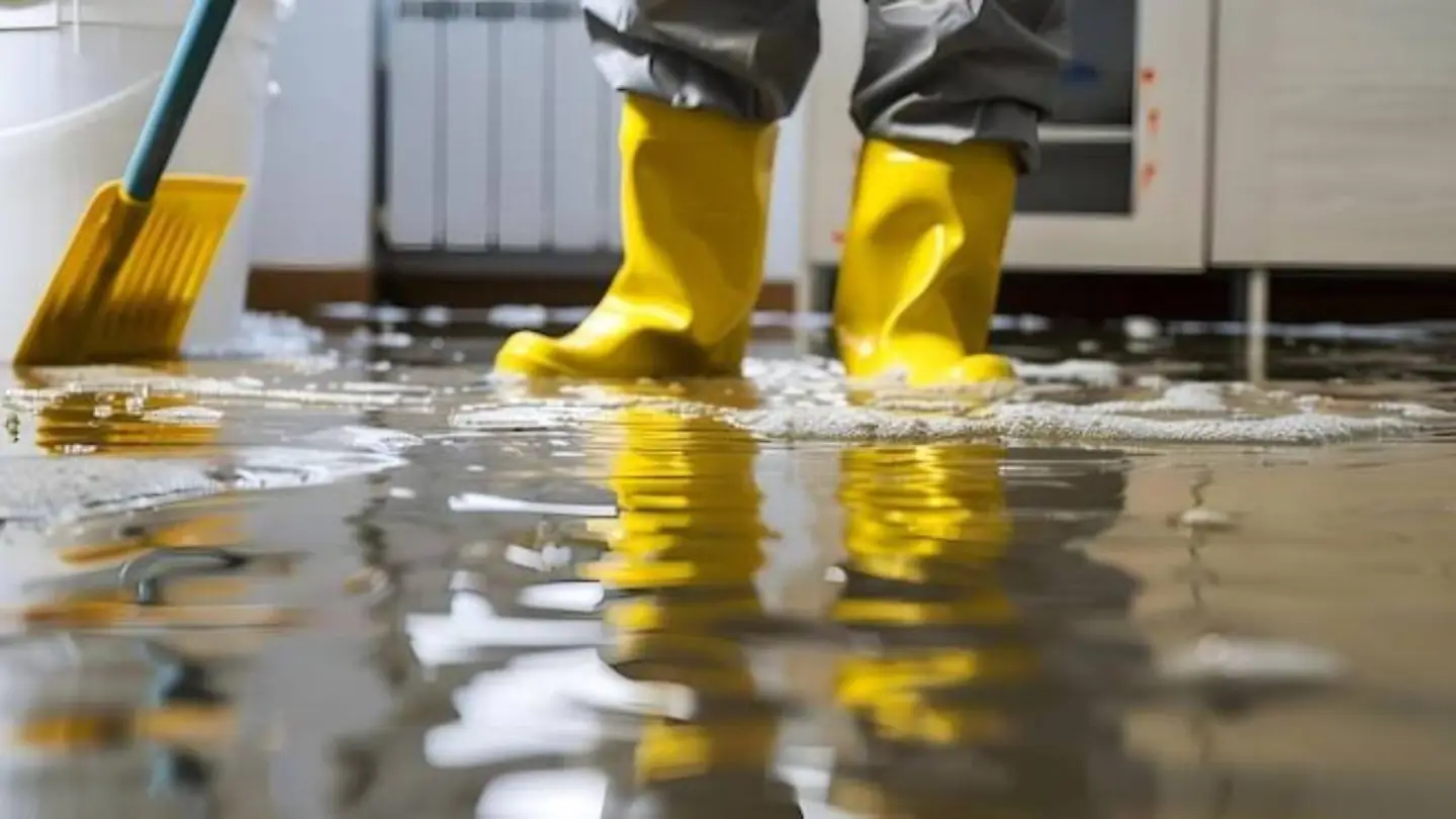 Person in yellow boots with a squeegee standing in flood water indoors