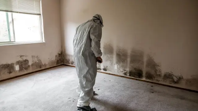 Technician in a protective suit inspecting mold along the base of a basement wall