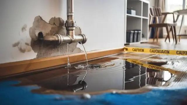 Burst pipe spraying water across a floor with caution tape in place