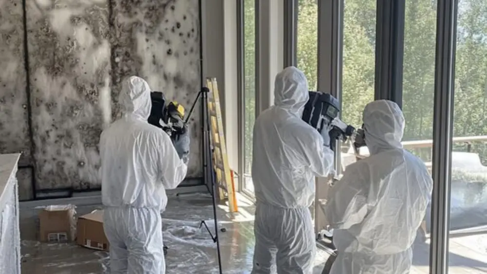 Crew in protective suits documenting mold growth on a wall before remediation