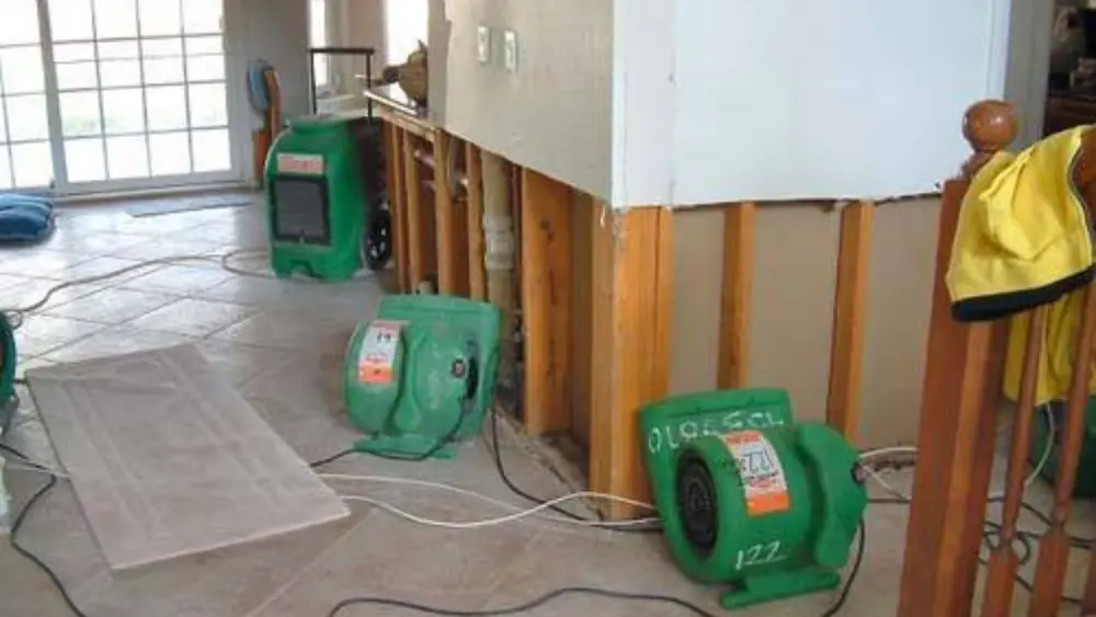 Green air movers drying a room where the lower wall has been opened up