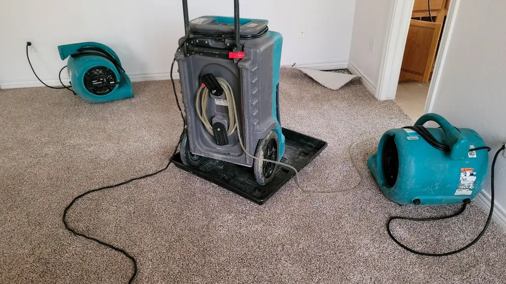 Dehumidifier and air movers set up on carpet to dry a water-damaged room