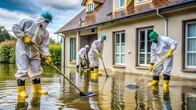 Crew in protective suits and yellow boots clearing flood water around a house