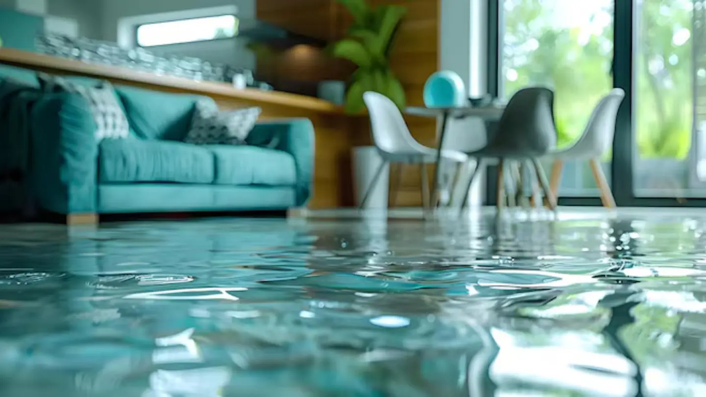 Teal living room with a thin layer of water across the floor