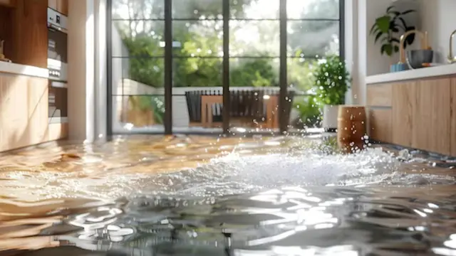 Living room floor covered in water with a sofa and tall windows behind it
