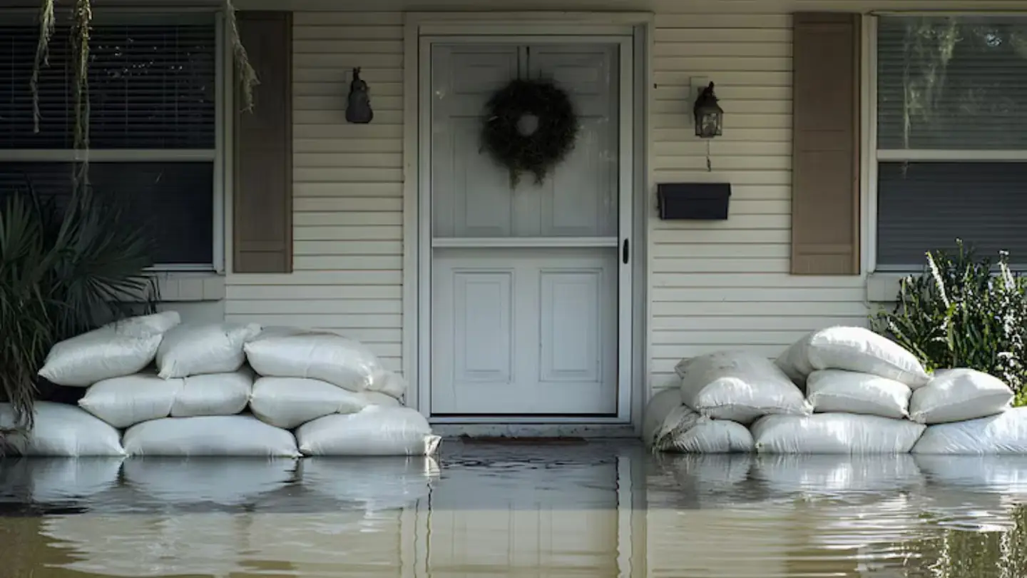 Sandbags lined up along a house front where water has pooled