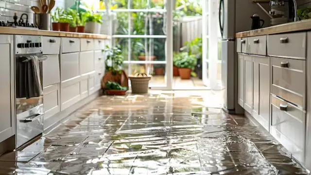 Kitchen floor covered in standing water with cabinets in the background