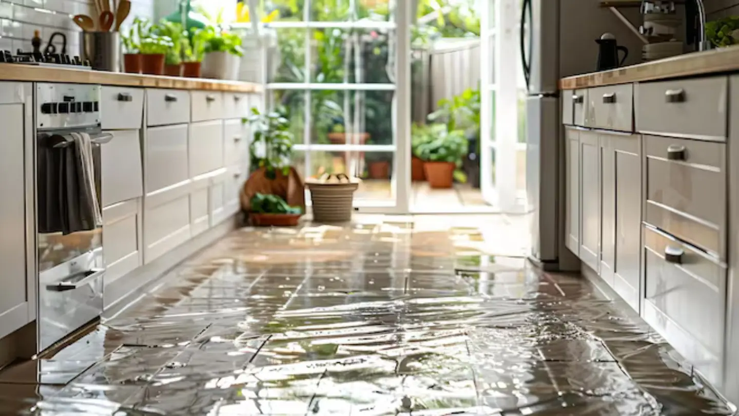 Kitchen floor covered in standing water with cabinets in the background
