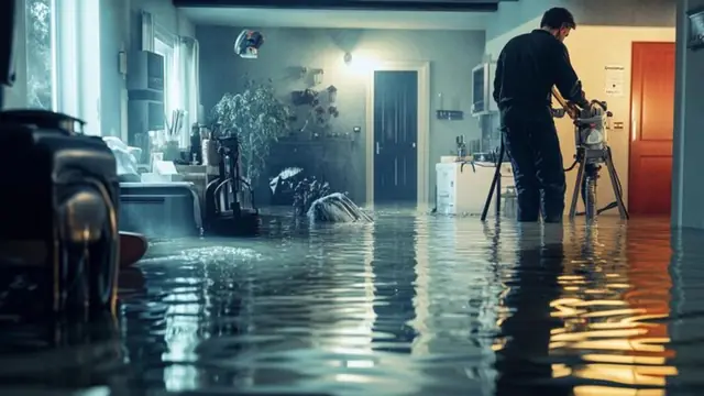 Technician with a camera inspecting a flooded room during water mitigation